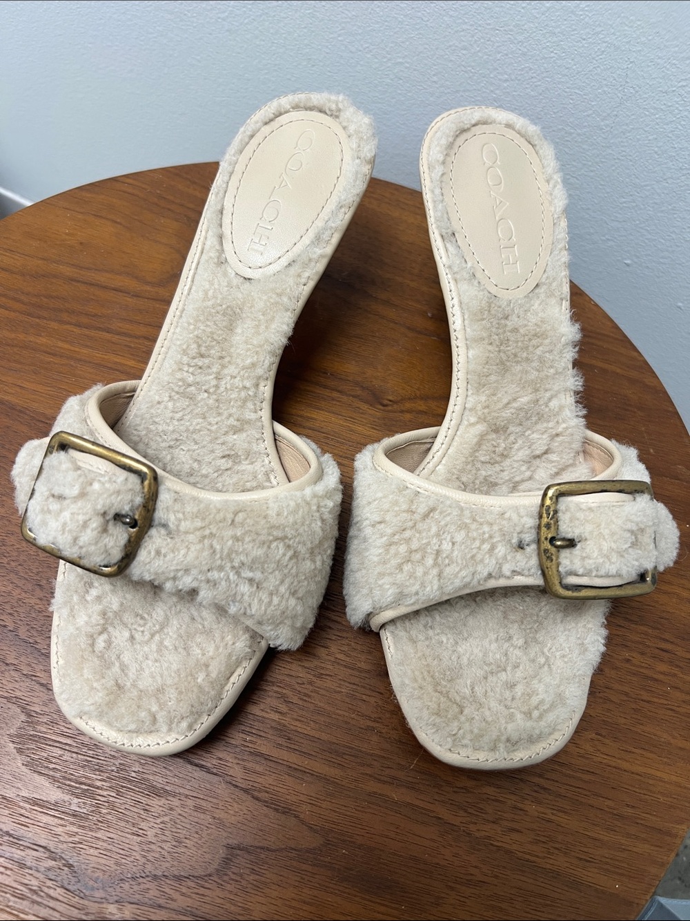 COACH Cream Shearling Buckle Mule Slides